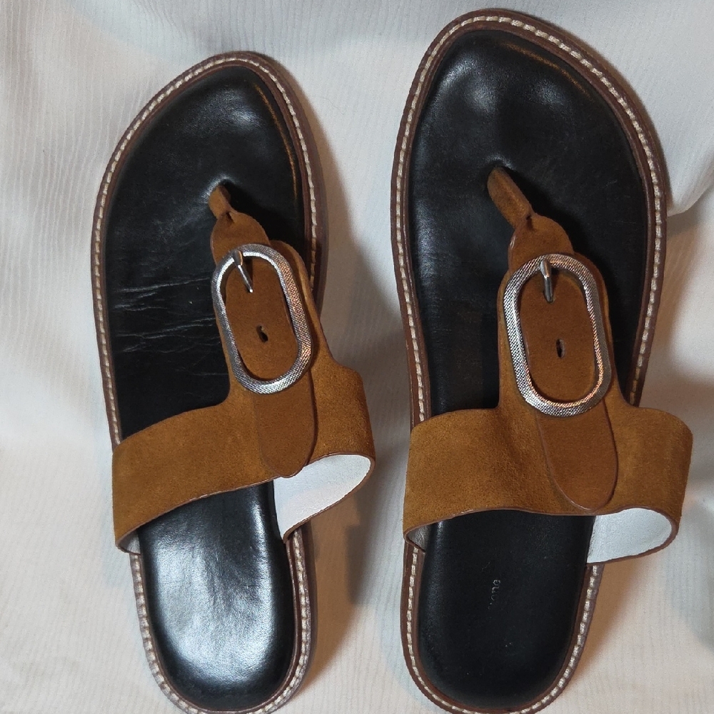 rag & bone Tan Suede Toe-Loop Sandals with Silver Buckle,sz 9 1/2